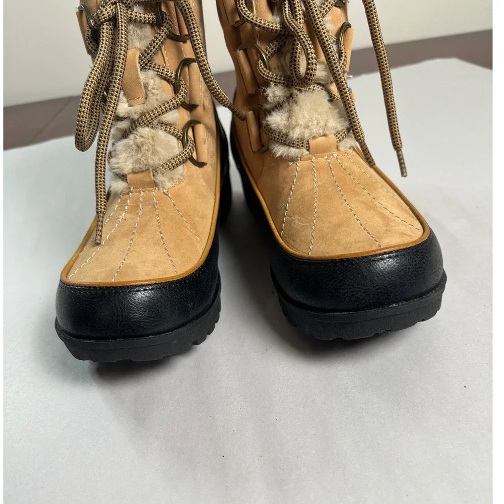 JBU‎ Womens Southgate Winter Duck Boots 7M Tan Black Faux Fur Lined Lace Up